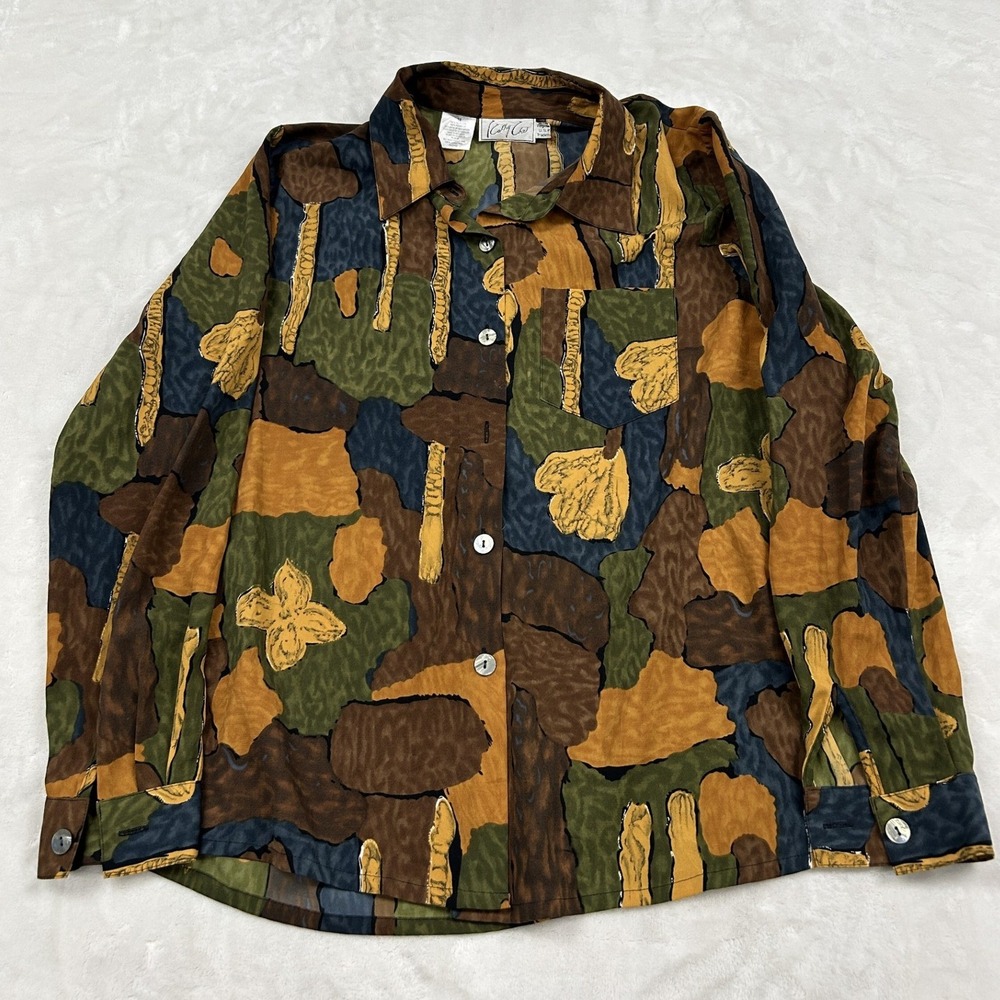 Kathy Che Button Down Blouse Womens 14 Multicolor Abstract Earthy Art to Wear